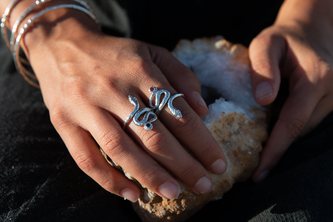 ‘Sacred Serpent’ Ring with green Peridot